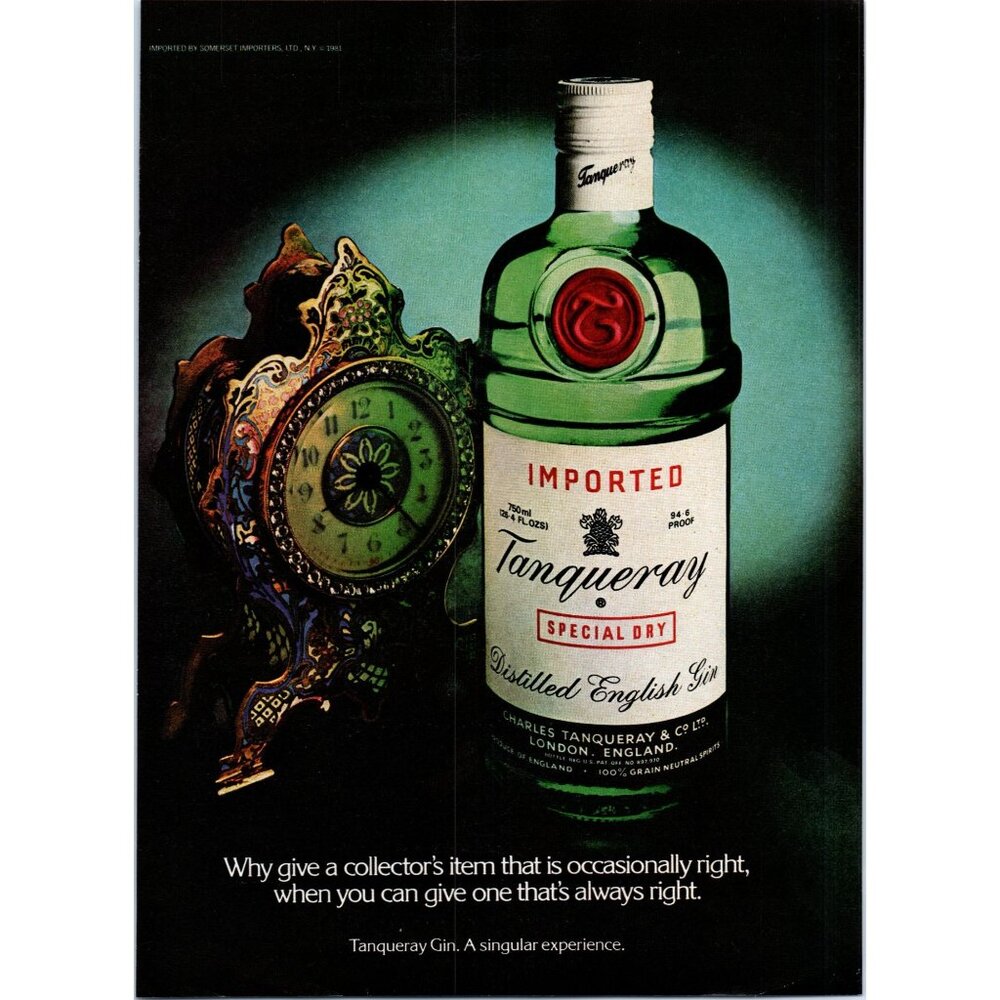 1981 Tanqueray Gin Antique Gold Gilded Mantel Clock Vintage Print Ad Wall Art